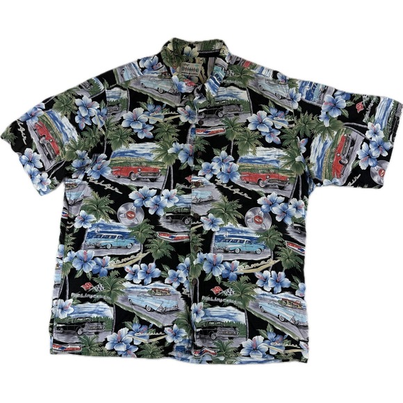 Vintage REYN SPOONER Rayon Hawaiian Shirt Chevrolet Cars Trees Aloha Surf XL - Picture 1 of 8